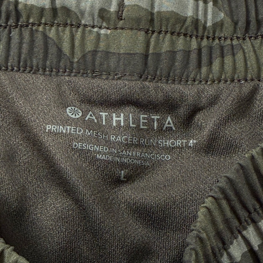 Athleta Printed Mesh Racer Run Shorts 4" Camo Size Large Gray Olive Green - Picture 3 of 7